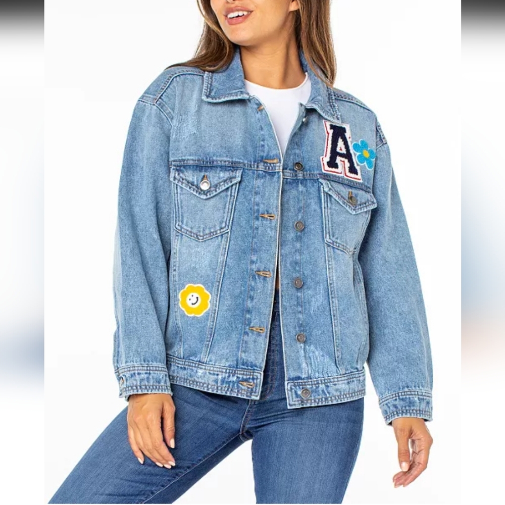 Celebrity Pink Distressed Jean Jacket With Patches Size Medium - Picture 2 of 8
